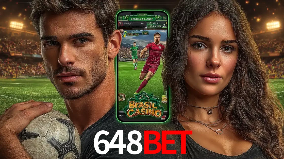 Homem segurando uma bola de futebol e uma mulher ao lado de um smartphone exibindo o jogo de apostas esportivas da 648BET. Faça seu palpite no cassino online.